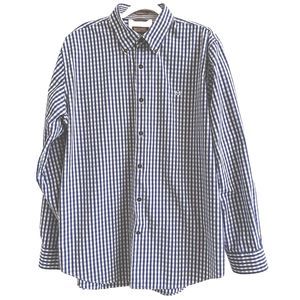 Michael Kors Button Up Dress Shirt Size L Checkered Plaid Blue White Logo Cotton